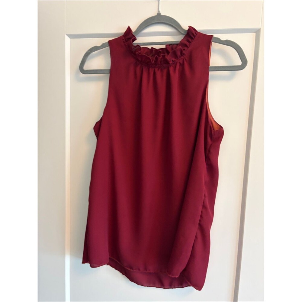 Ruffled Neck Sleeveless Blouse in Deep Wine